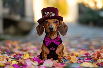lovely wiener dog in bold wine suit topper at Venice event fest pup shines cheery loud petals spread on base urban take in Italy might click  
