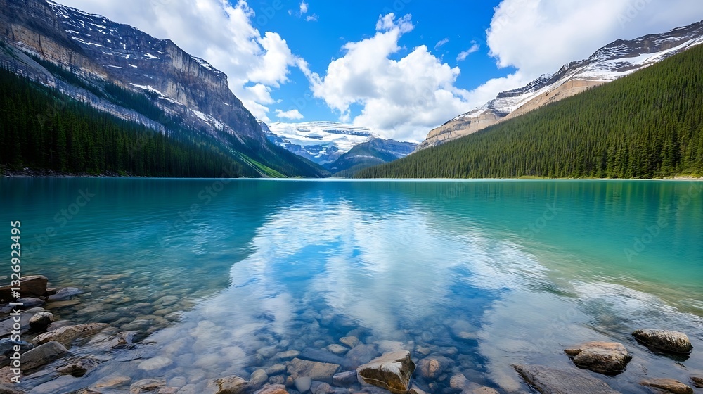 Poster breathtaking view of a serene mountain lake surrounded by lush trees and dramatic clouds in the sky 