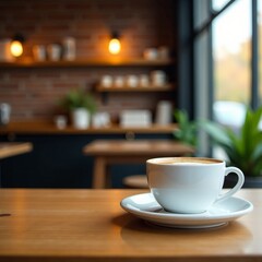 A warm cup of coffee on a wooden table in a cozy cafe setting.