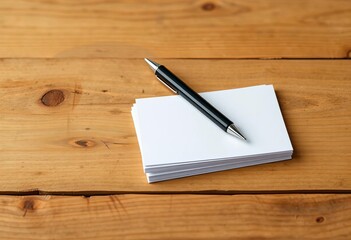 A simple wooden table holds a pen and a stack of blank index cards, organization, business