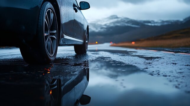 Wet black car parked on a reflective road during rainy day with mountains in the background : Generative AI