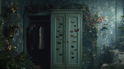 Whimsical Vintage Wardrobe Surrounded by Butterflies and Flora