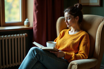 A woman relaxes in an armchair, reading a book with a cup of coffee on a cozy afternoon.