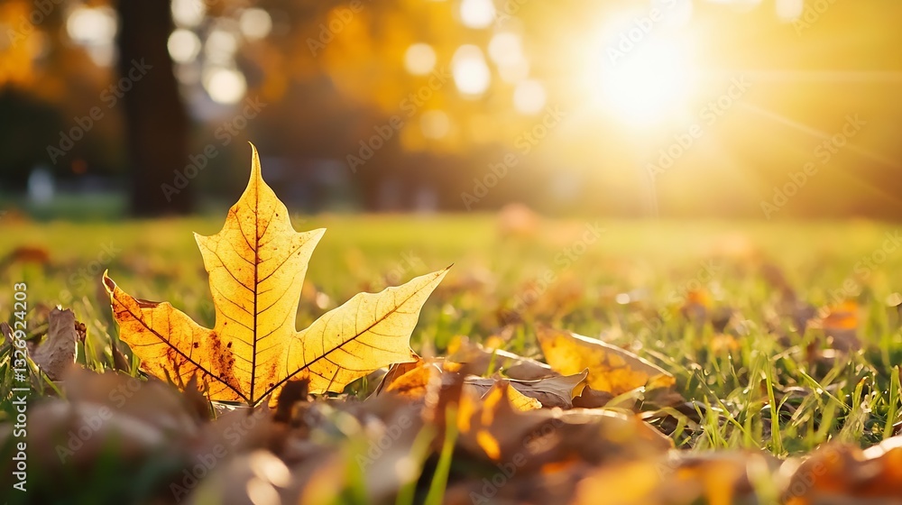 Poster Single autumn leaf resting on lush green grass illuminated by the warm rays of the setting sun : Generative AI