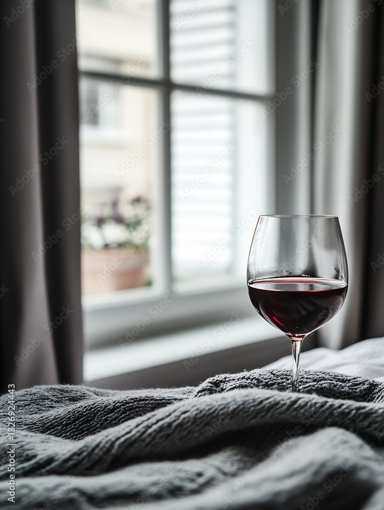 Poster Elegant red wine glass resting on a soft blanket with a cozy window view : Generative AI