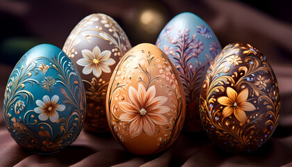 Close-up of Easter eggs with intricate floral patterns, set against a soft, neutral background