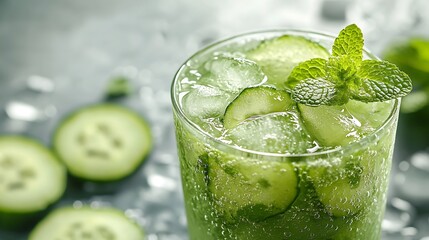 A close-up of a cucumber mint smoothie with ice cubes, frosted glass effect, droplets of water on the surface, placed on a modern marble countertop, gentle sunlight streaming in, crisp details,