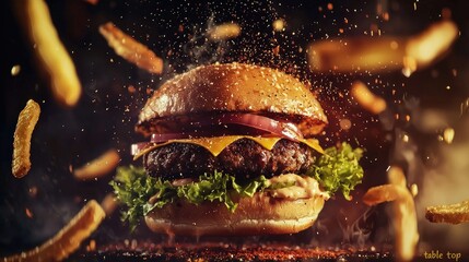 Epic close-up shot of crispy, golden French fries flying in a circular motion around a juicy, mouthwatering hamburger, creating a mesmerizing analogy