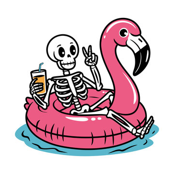 Skeleton Relaxing on Flamingo Pool Float Illustration
