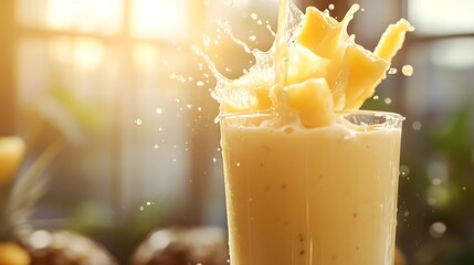 A close-up of a pineapple coconut smoothie being poured into a tall glass, smooth and creamy texture, tropical sunlight streaming in, artistic splash effect, bright and vibrant setting,