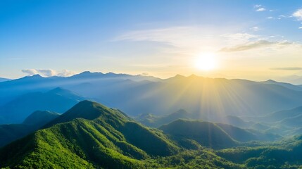 Breathtaking view of sun rays illuminating rolling green mountains during a tranquil sunset : Generative AI