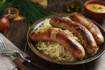 A bowl with Bratwurst and Sauerkraut as side dish - traditional German food