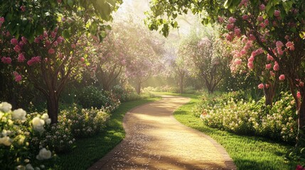 Sunlit Path Through Blooming Spring Garden