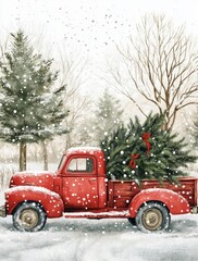 Vintage Truck with Christmas Tree in a Snowy Landscape with Trees in the Background