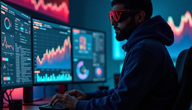 "An NFT strategist analyzing digital art trends using an advanced trading dashboard, faceless tech enthusiast in a modern studio."
