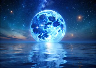 Full Blue Moon Over Ocean: Stunning Night Sky Aerial View, 3D Render