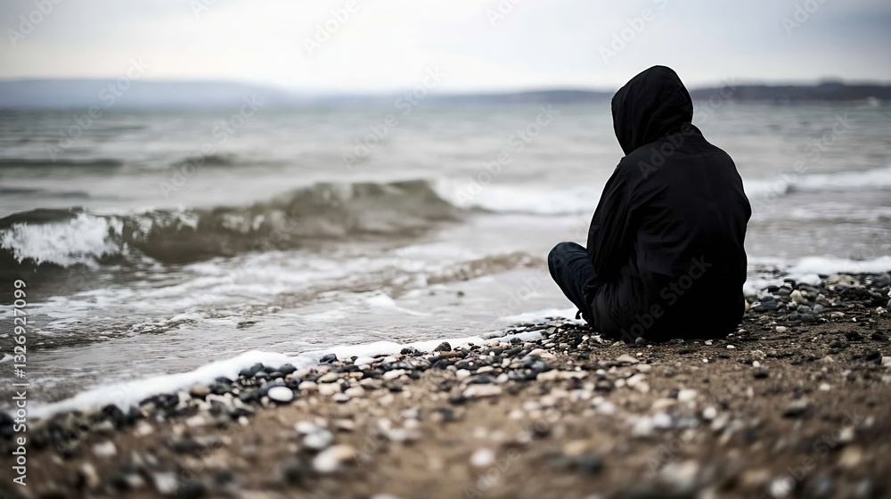 Poster Lonely figure sitting on the beach watching the waves and contemplating life in a calm and serene environment : Generative AI