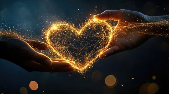 glowing golden threads weaving through a connecting heart being held by one hand and being passed to another