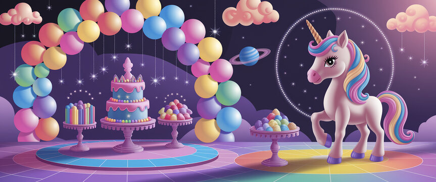 Pastel unicorn, cakes, and balloons adorn a vibrant fantasy birthday scene, showcasing a magical and joyful celebration, ideal for party invitations or children's book illustrations
