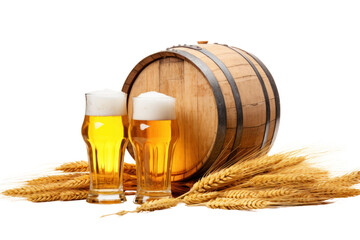 A wooden beer barrel with two cold glasses of beer next to it and wheat stalks spread on the ground isolated on white background