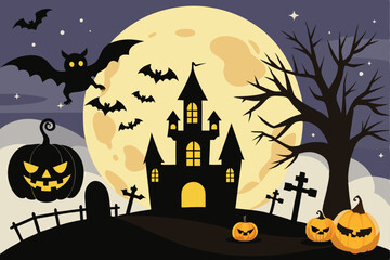 Halloween night party with full moon grave and bats flying over cemetery