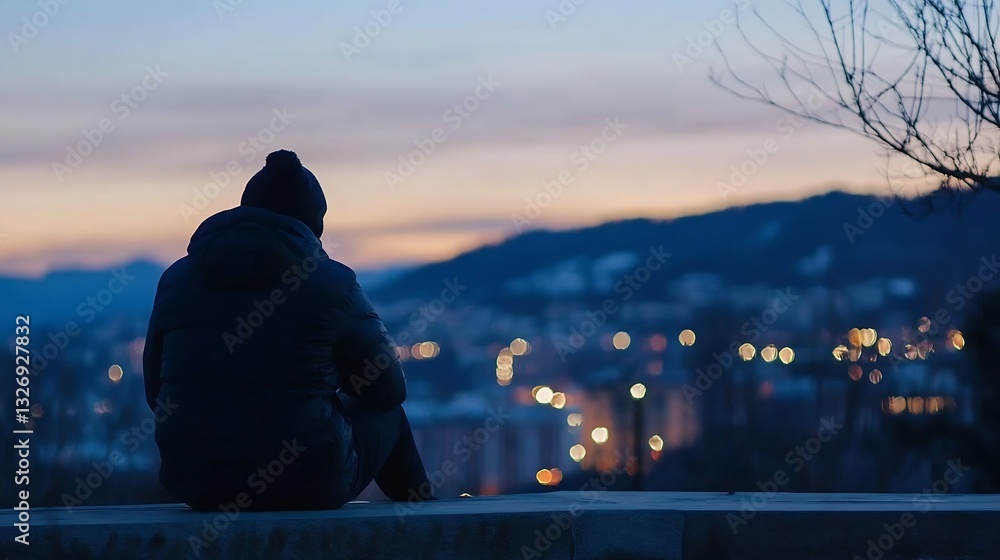 Poster pensive person sitting alone on a ledge overlooking a city illuminated at dusk : generative ai