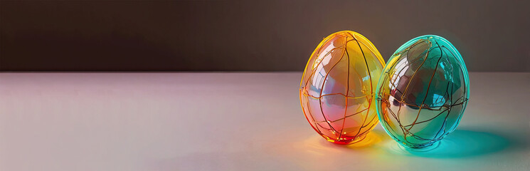 Two Easter eggs on a white table in the soft light from the window