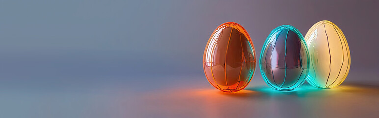 Futuristic composition with Easter eggs in neon shades on a studio background