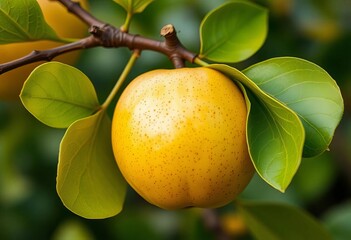 Golden quince, plump and juicy, single leaf beside, still life, gold