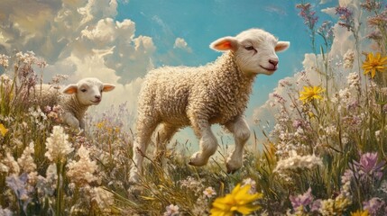 Obraz premium Delightful spring scene of lambs frolicking in a lush meadow filled with wildflowers