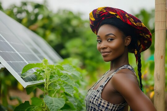dark-skinned woman cultivator and green with solar cell for eco-smart solid horizon and town view photo green life and lady with green tech for organic bloom in nigeria  
