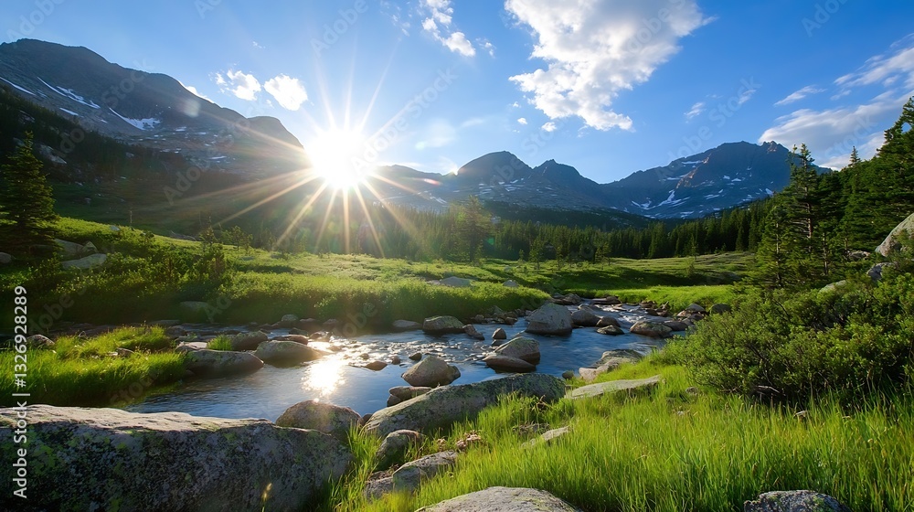 Aufkleber sunlight bursting through the mountains over a flowing river in a lush green landscape : generative 