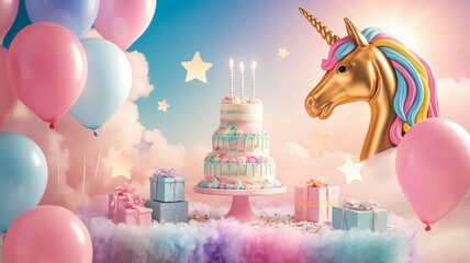 Pastel birthday scene with three-tiered cake, unicorn, balloons, and gifts on a cloud-like surface, symbolizing a magical and joyful celebration