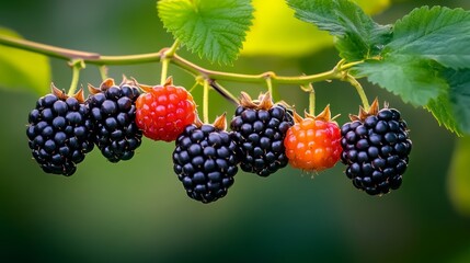Bunch of black and red berries hanging from a tree branch. The berries are ripe and ready to be picked