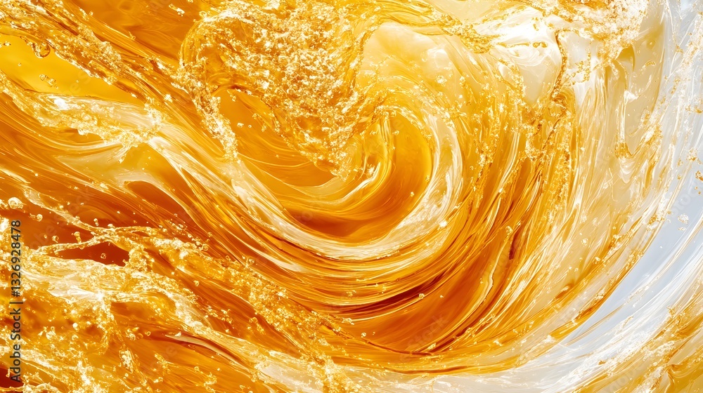 Poster dynamic flow of golden liquid with bubbles and swirling patterns