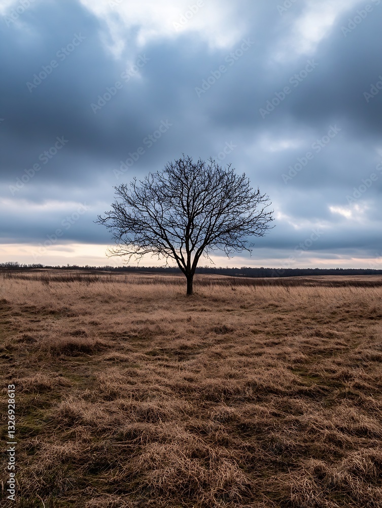 Poster isolated leafless tree in a field under dramatic clouds at dusk : generative ai