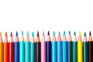 A vibrant set of colored pencils arranged neatly in a row, showcasing a variety of hues and shades, isolated on white background