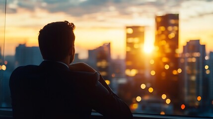 Businessman overlooking city skyline at sunset with warm atmospheric glow : Generative AI
