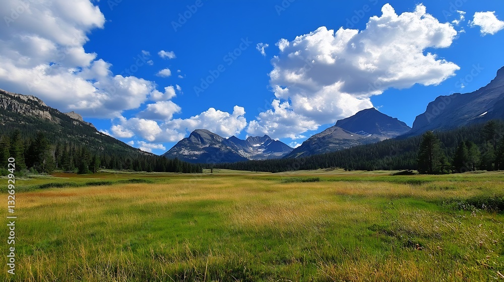 Poster expansive meadow landscape featuring mountains and a vibrant blue sky with fluffy clouds : generativ