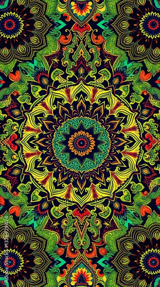 Poster a vibrant, colorful mandala pattern with intricate details and symmetrical design