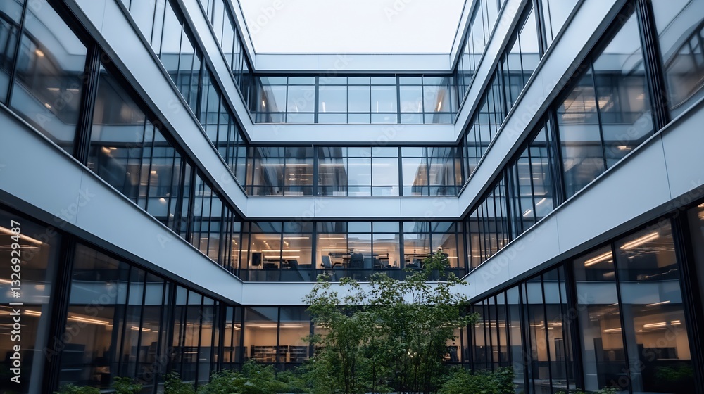 Poster contemporary office courtyard design featuring large glass windows and lush greenery in an urban set