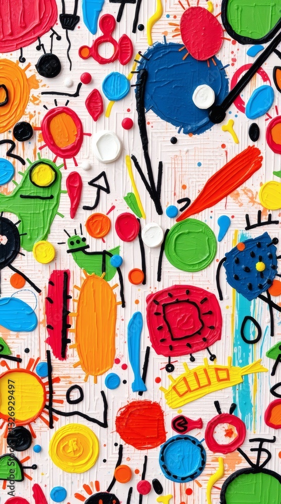 Poster a colorful and abstract artwork filled with various shapes, colors, and symbols, creating a vibrant 