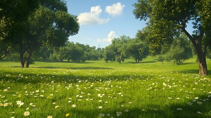 Fototapeta premium Serene Meadow with Blossoming Flowers and Lush Green Trees in Sunlight