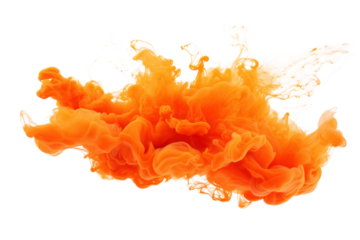 A striking, abstract orange smoke explosion suspended in mid-air, with a pristine white background