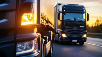 Two Heavy Trucks Driving on Highway During Golden Hour with Sunset Glow : Generative AI