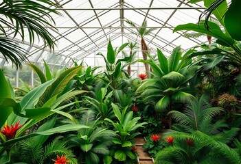 Fototapeta premium High-angle view of Balinese greenhouse, lush tropical foliage visible, sunlight, greenhouse