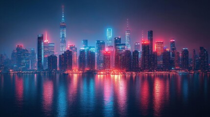 Fototapeta premium Futuristic city skyline with glowing neon lights and iridescent reflections at night. Generative AI