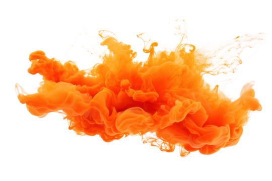 A striking, abstract orange smoke explosion suspended in mid-air, with a pristine white background