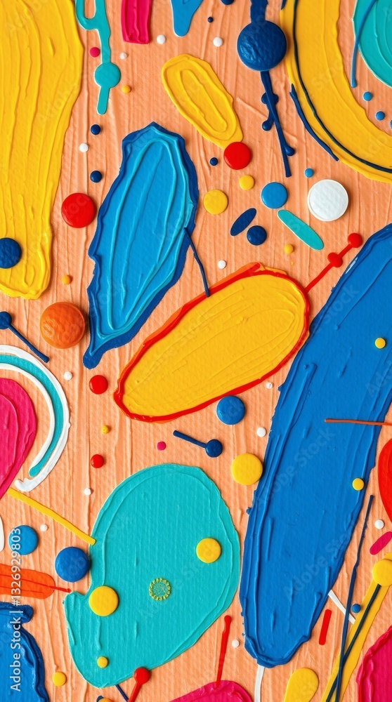 Poster an abstract painting with vibrant colors and playful shapes, creating a dynamic and visually engaging composition. The artwork features bold brushstrokes and splashes of paint in a variety of colors
