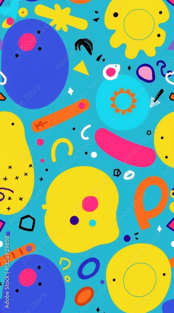 Poster colorful abstract shapes arranged in a vibrant and playful composition. The image features a variety of geometric and organic forms in a mix of bright, bold colors